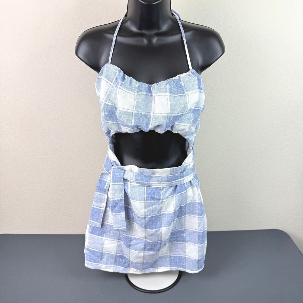 Lovers + Friends Dress Womens S Blue White Plaid Cutout Halter Sunsuit Gingham